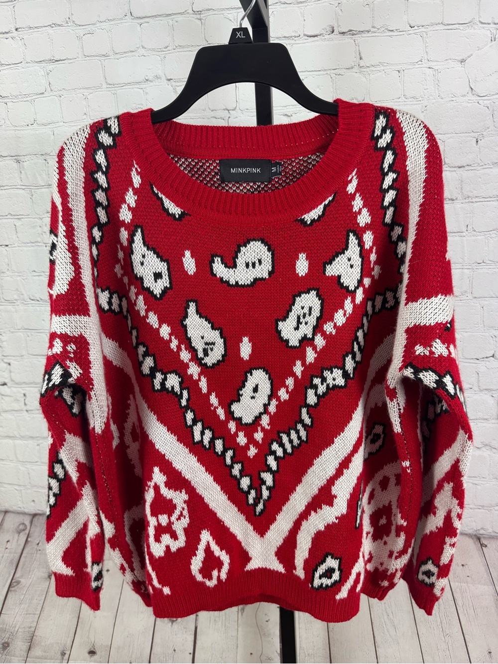 MINKPINK Red Bandana Paisley Knit Crewneck Sweater Size Medium
